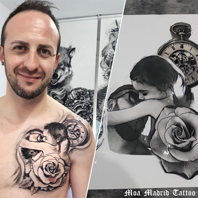 Tatuaje de padre e hija abrazándose hecho en el pectoral
